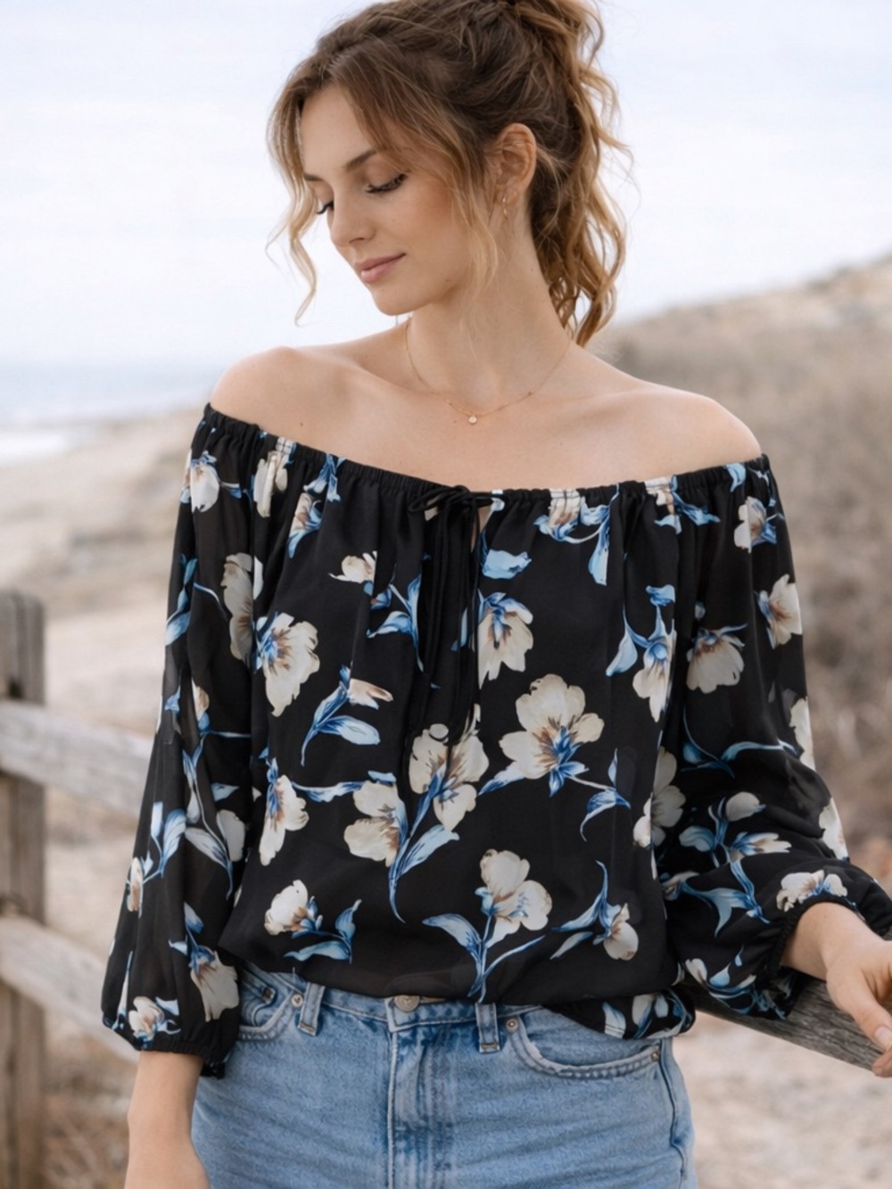 Fashion Magazine Floral Crop Blouse Flowy Sleeve Top Medium (Measured)